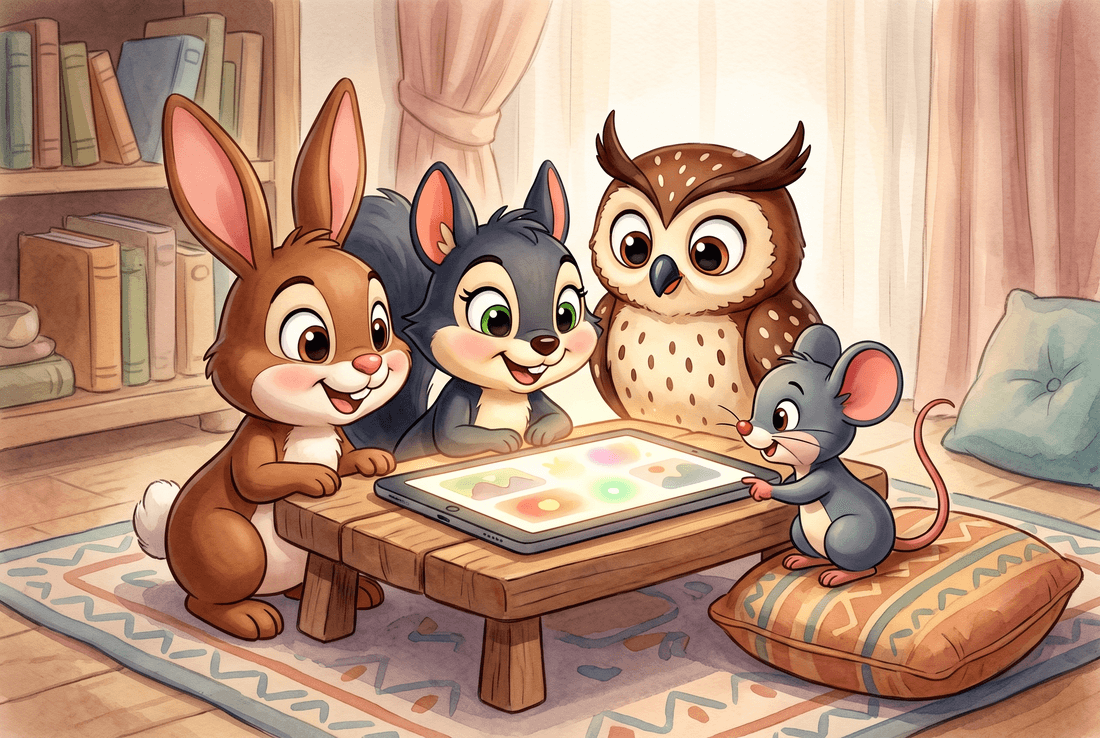 Flash, Busy, Oliver, and Pip gathered around a tablet, looking at photos together