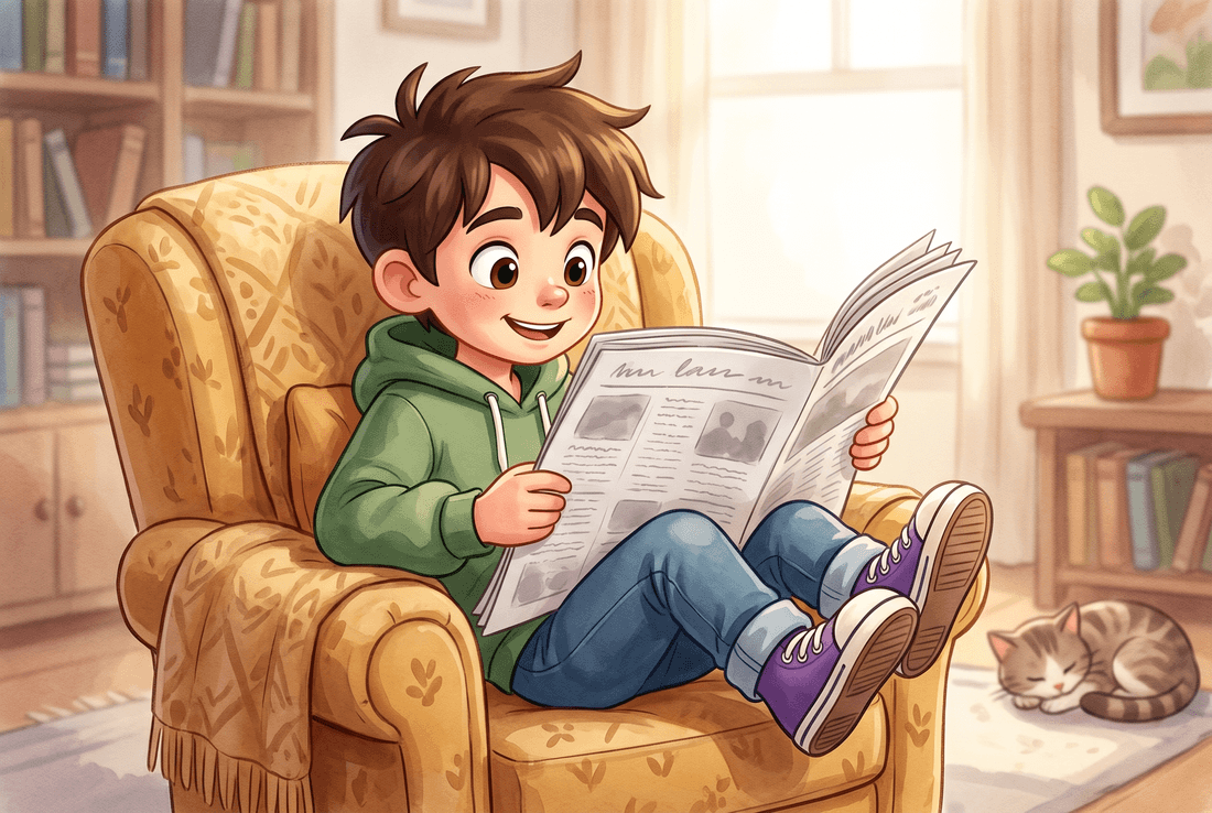 Sage curled up in an armchair, happily reading a newspaper