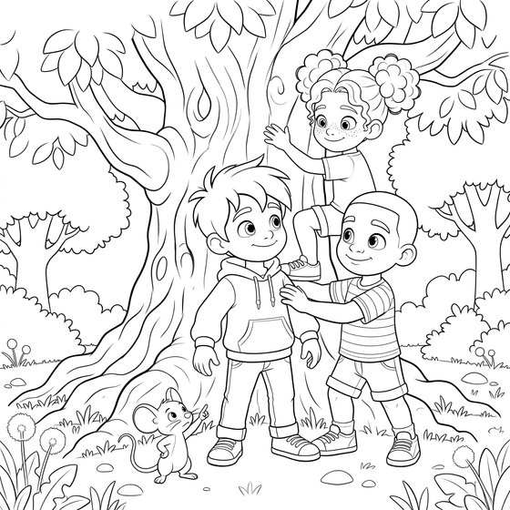 Coloring page of Sage and friends by a tree