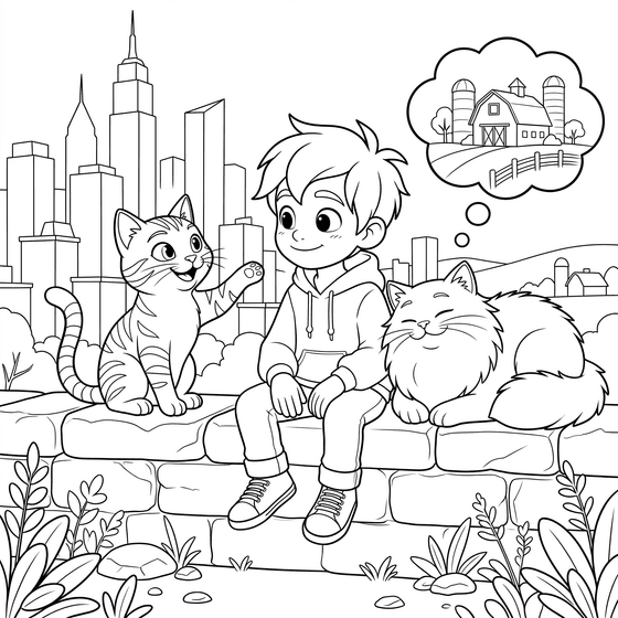 Coloring page of Sage with the two cats