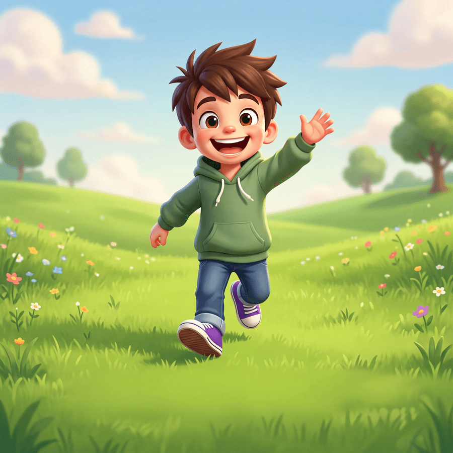 Sage smiling and waving, ready for an adventure