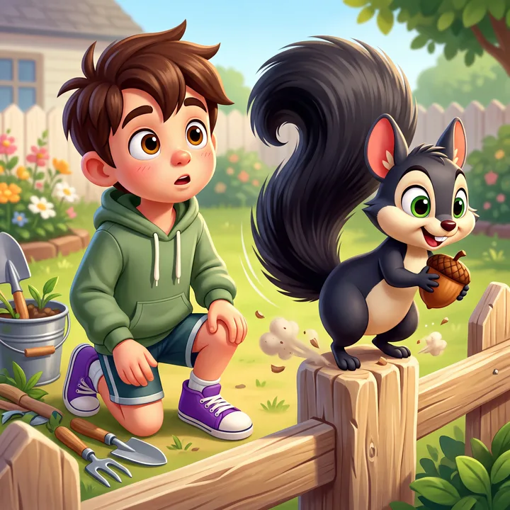 Busy the squirrel whirling around a laughing Sage in a flurry of energy