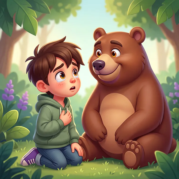 Sage meeting Bramble the bear on the sand beside a half-built sandcastle