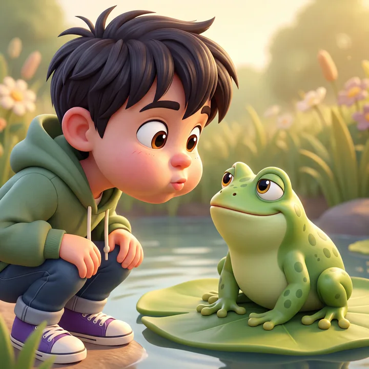 Sage meeting Wade the frog on the grass at the summer fair