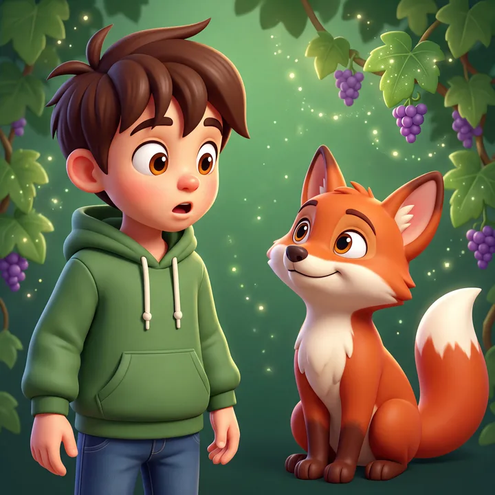 Sage meeting Rusty the fox beneath a vine heavy with grapes