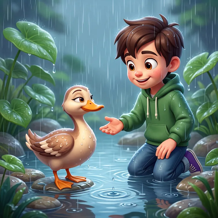 Ripple the duck splashing happily in the rain beside Sage