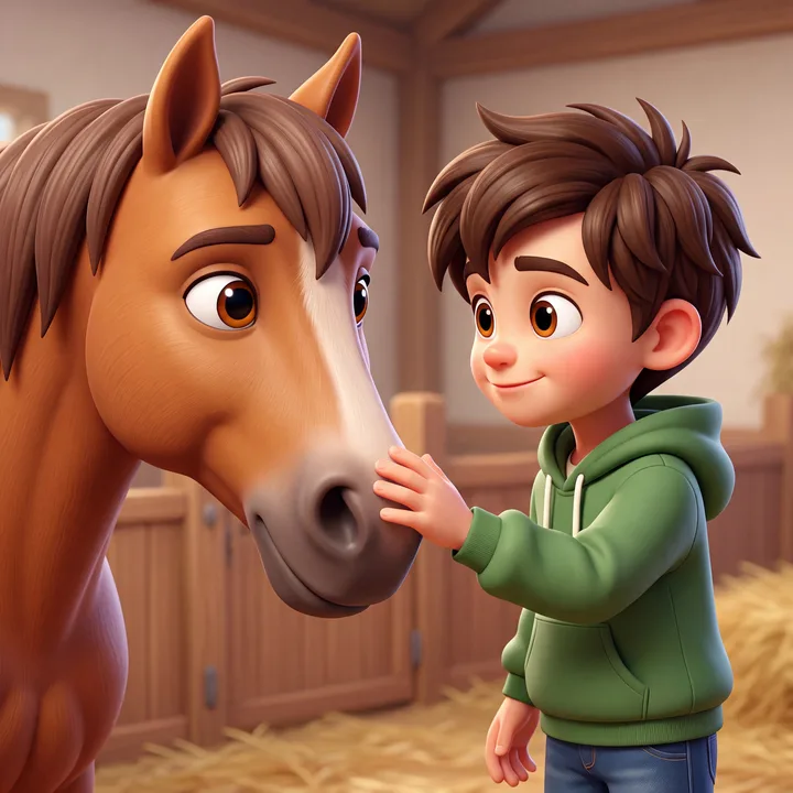 Barley the horse leaning over a fence to greet Sage by the stuck wagon