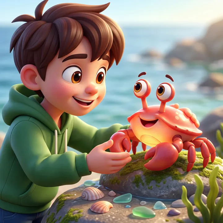 Sage meeting Shelly the crab on the wet sand at the water’s edge