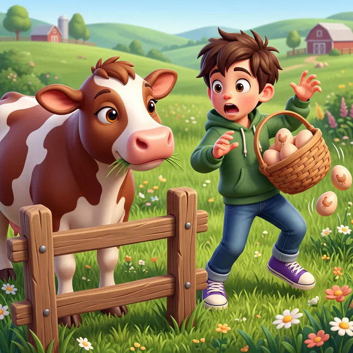 Clover the cow watching as a startled Sage juggles a tipping basket of eggs in a farm meadow