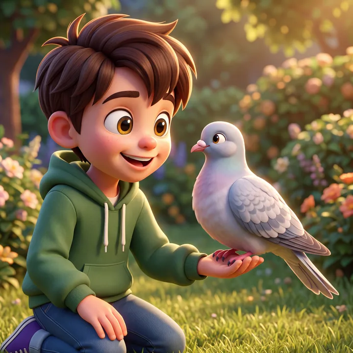 Pearl the dove perched on Sage’s outstretched hand in a garden full of flowers