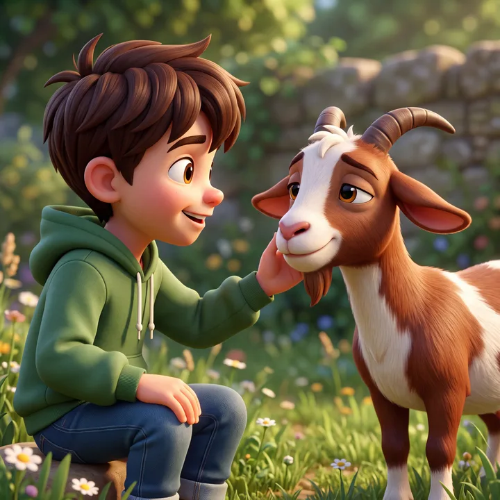 Sage sitting on a rock and gently stroking Juniper the goat’s chin