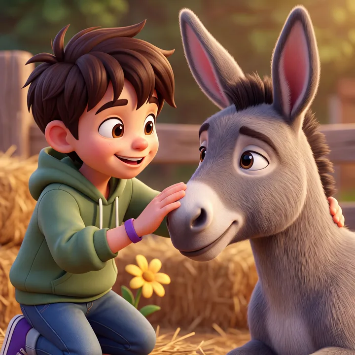 Sage kneeling in the straw to stroke Biscuit the donkey’s nose