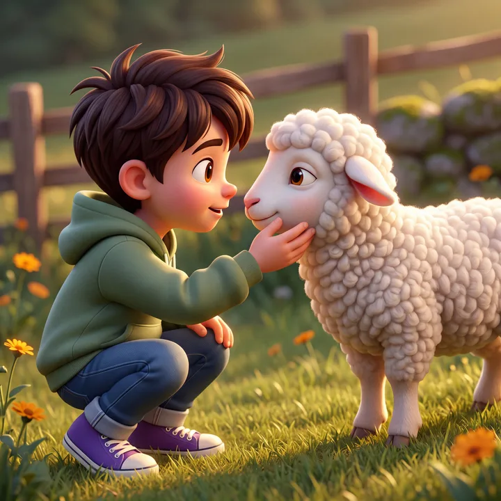 Sage crouching to greet Marigold the lamb in a sunlit field