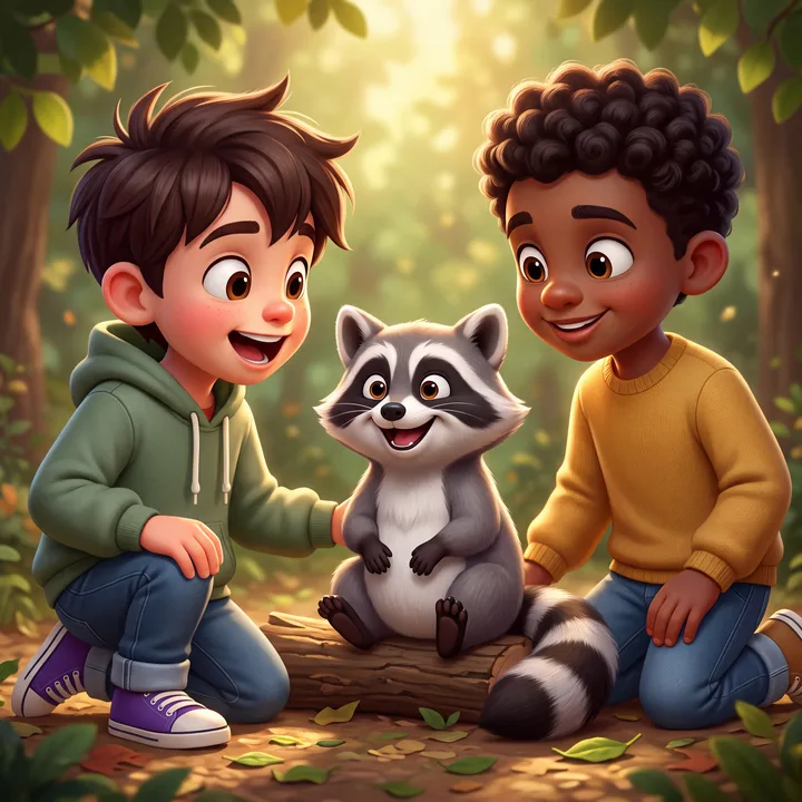 Sage and a friend kneeling either side of Roly the raccoon on a log in the woods
