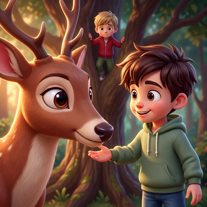 Rowan the deer greeting Sage in the forest while a friend climbs the tree behind them